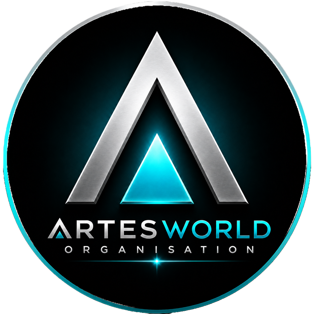 Adobe Express File 1 Artesworld Organisation logo with a silver 'A' and glowing blue triangle